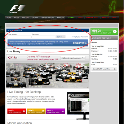FIAのF1 LiveTimingモニターで生中継を楽しむ：メアドとパスワードを入れます。