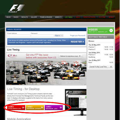 FIAのF1 LiveTimingモニターで生中継を楽しむ：起動モードを選びます。